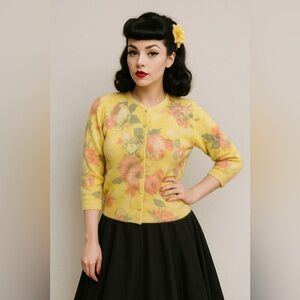 1950s Angelon by Darlene Angora Lambswool Floral Cardigan Sweater VTG Coquette